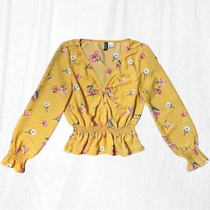 Long Sleeve Yellow Floral Blouse